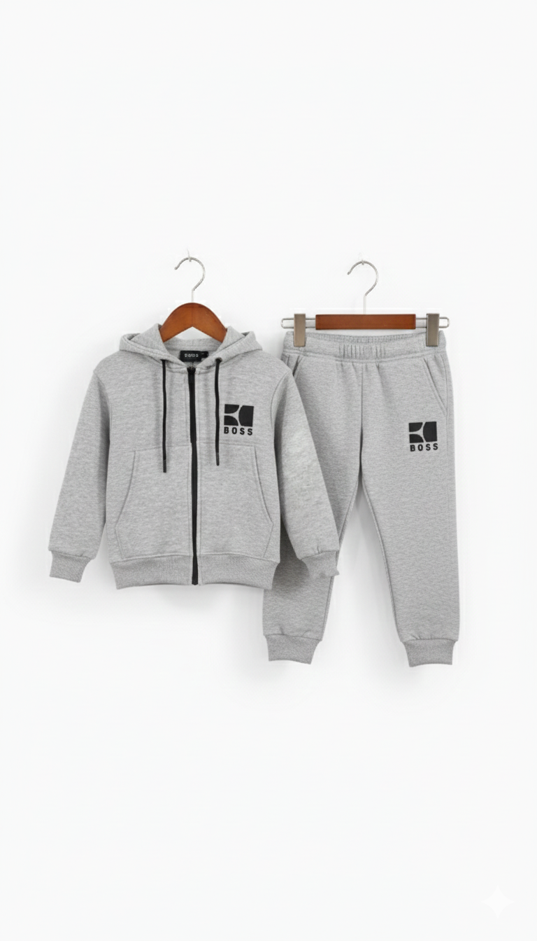 Kids Fleece Tracksuit - Winter Warm Hoodie & Trouser with Boss Style Logo