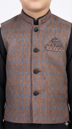 Little boy wearing a brown and blue checkered waistcoat over a black kurta shalwar - Kids Traditional Party Wear."