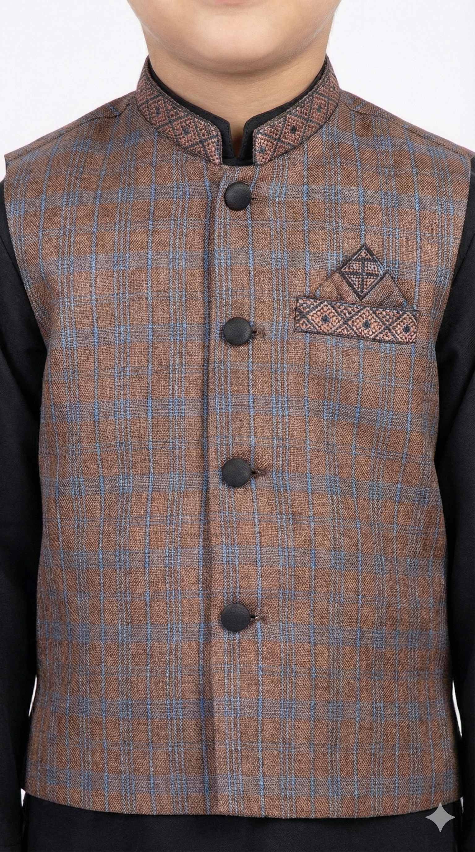 Little boy wearing a brown and blue checkered waistcoat over a black kurta shalwar - Kids Traditional Party Wear."