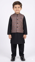 Little boy wearing a brown and blue checkered waistcoat over a black kurta shalwar - Kids Traditional Party Wear