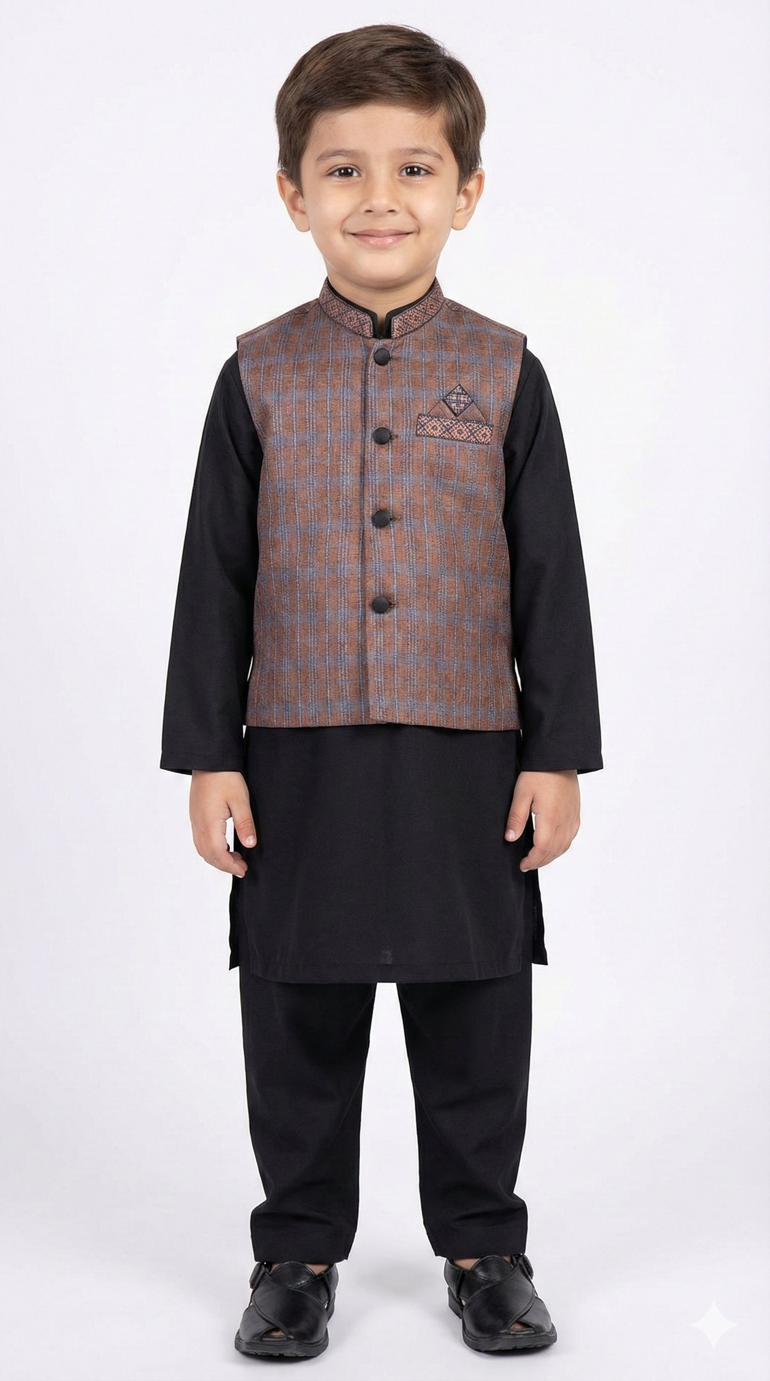 Little boy wearing a brown and blue checkered waistcoat over a black kurta shalwar - Kids Traditional Party Wear
