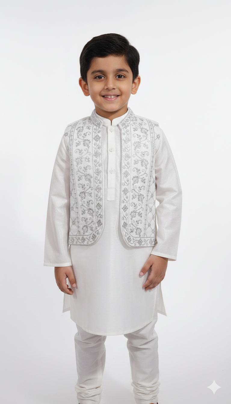 Little boy smiling wearing white kurta pajama with silver embroidered waistcoat for wedding
