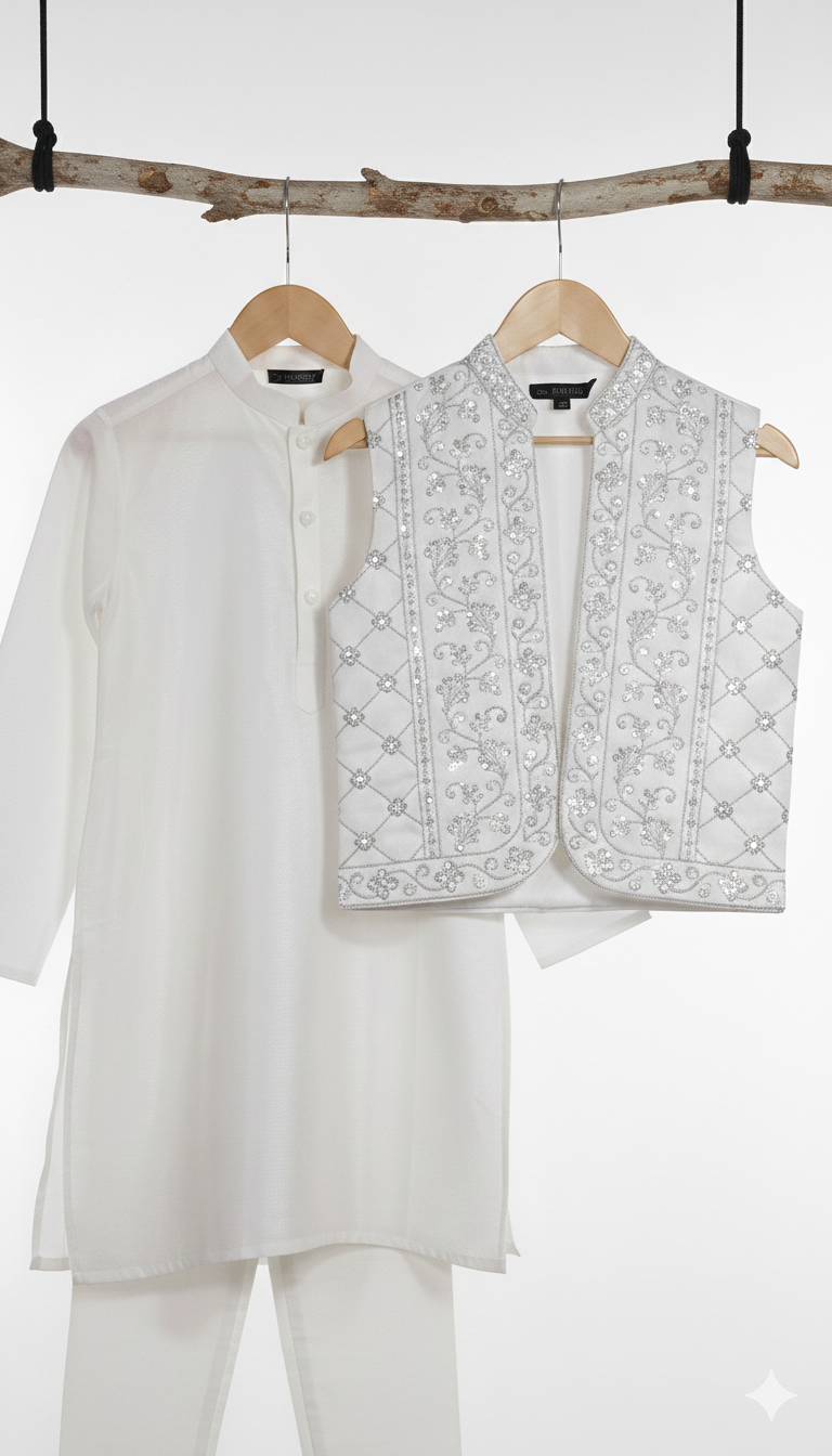 Boys' Premium White Kurta Pajama Set with Silver Embroidered Waistcoat AGE 2 to 10 YEAR