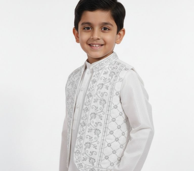 Boys' Premium White Kurta Pajama Set with Silver Embroidered Waistcoat AGE 2 to 10 YEAR