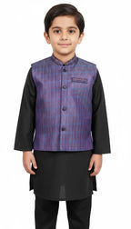Child wearing a black kurta with a purple checkered vest on a white background