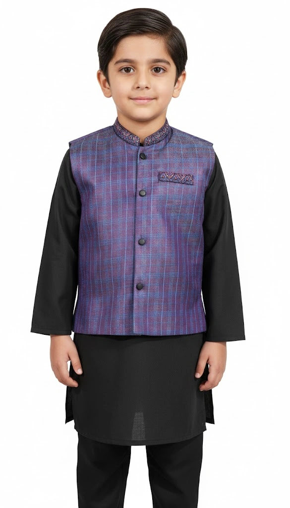 Child wearing a black kurta with a purple checkered vest on a white background