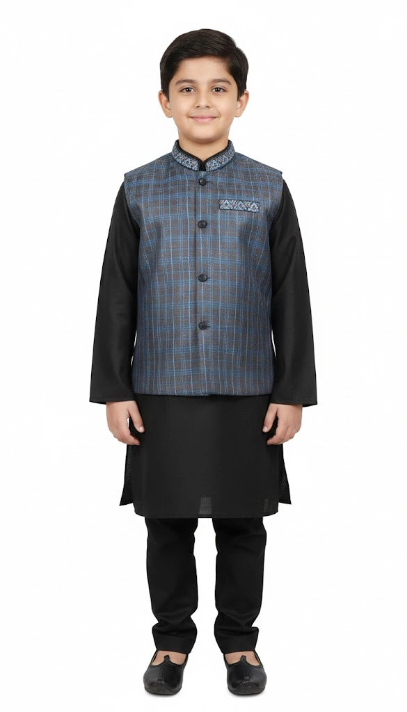 Little boy wearing a brown and blue checkered waistcoat over a black kurta shalwar - Kids Traditional Party Wear