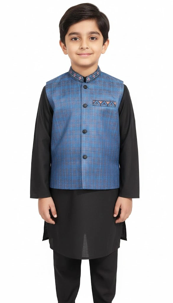 Little boy wearing a brown and blue checkered waistcoat over a black kurta shalwar - Kids Traditional Party Wear."