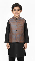Little boy wearing a brown and blue checkered waistcoat over a black kurta shalwar - Kids Traditional Party Wear