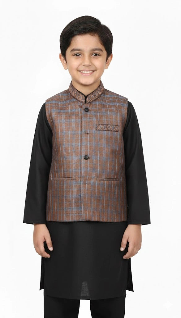 Little boy wearing a brown and blue checkered waistcoat over a black kurta shalwar - Kids Traditional Party Wear