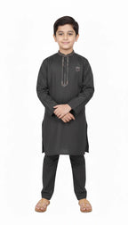 Boys charcoal grey eastern wear kurta with collar embroidery detail