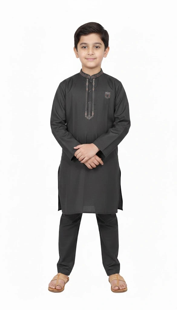 Boys charcoal grey eastern wear kurta with collar embroidery detail