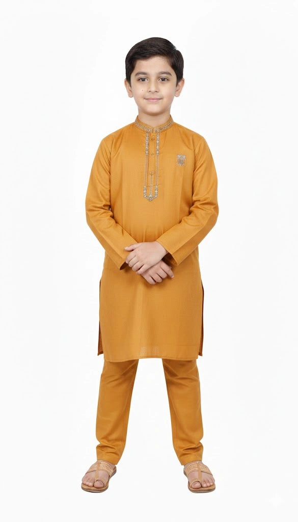 Kids festive mustard yellow kurta trouser set for weddings