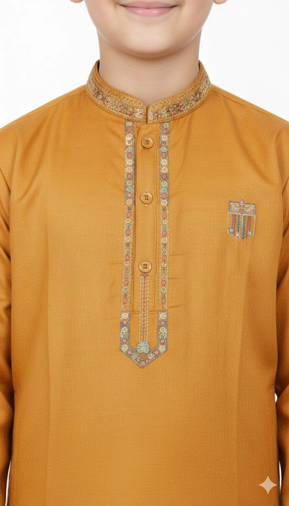 Close up of embroidery design on boys kurta collar and placket.