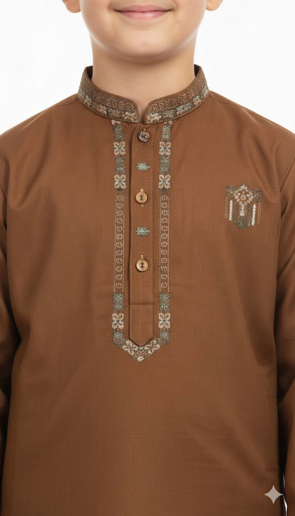 Close up of embroidery design on boys kurta collar and placket.