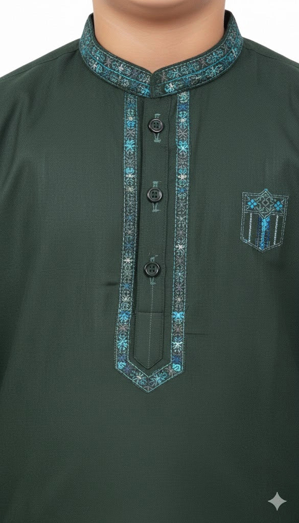 Close up of embroidery design on boys kurta collar and placket.