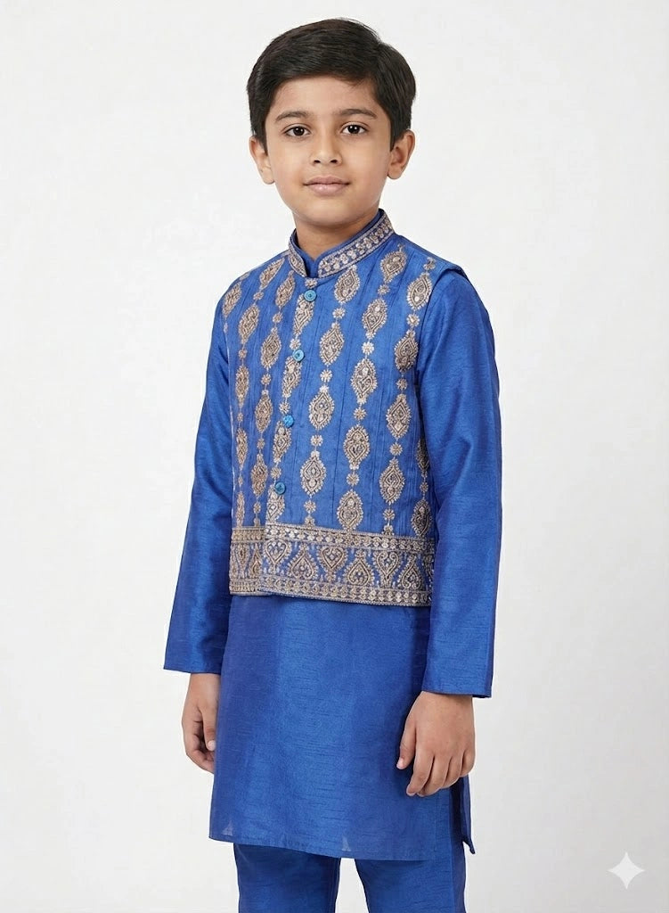 Boys royal blue silk kurta pajama with heavy embroidered waistcoat.