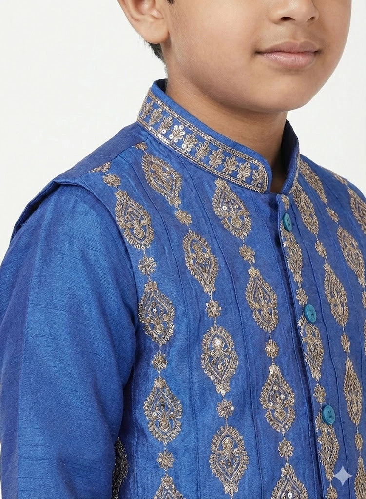 Boys Festive Wear: Silk Kurta Pajama with Embroidered Waistcoat (Age 2-10 Years)