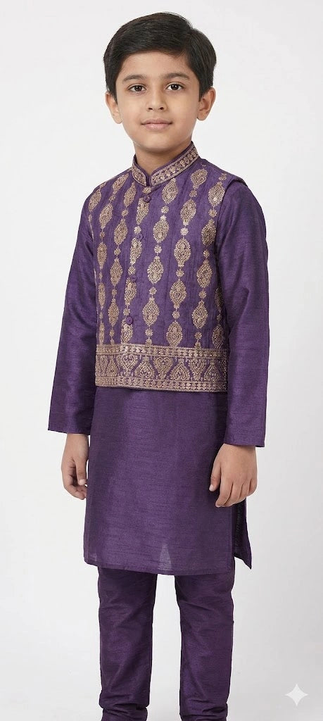 Kids purple festive shalwar kameez with matching embroidered vest.