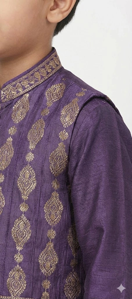 Kids purple festive shalwar kameez with matching embroidered vest."