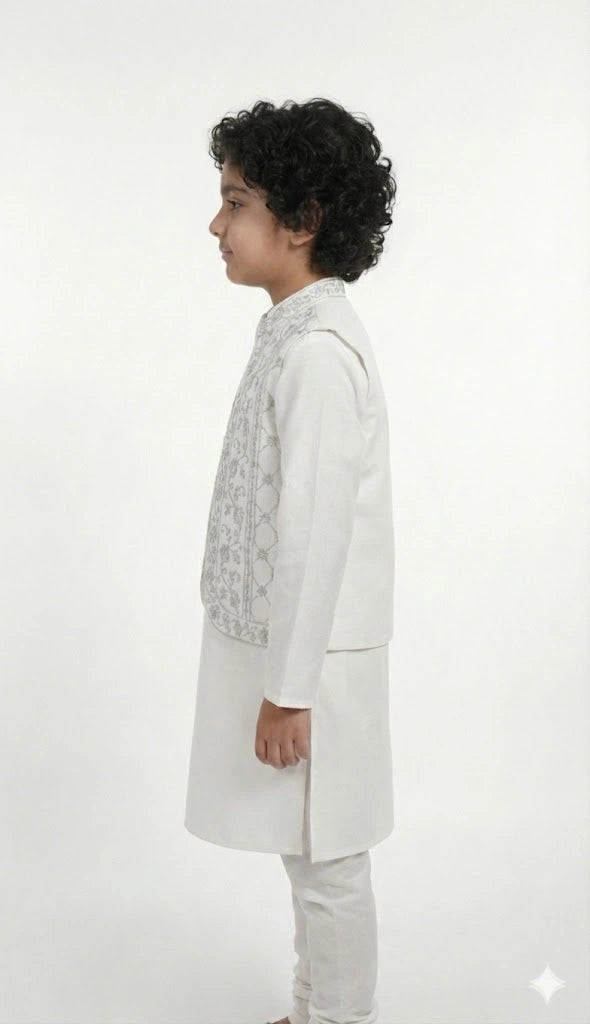 Boys' Premium White Kurta Pajama Set with Silver Embroidered Waistcoat AGE 2 to 10 YEAR