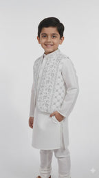 Boys' Premium White Kurta Pajama Set with Silver Embroidered Waistcoat AGE 2 to 10 YEAR