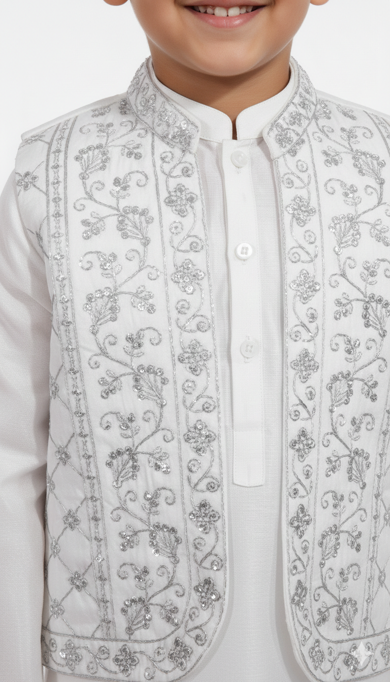Close up texture of silver sequin embroidery on white boys waistcoat collar.
